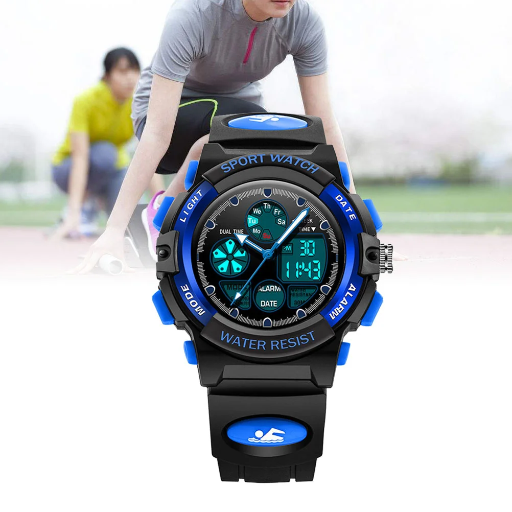 Wristwatch 30m Waterproof Multifunctional LED Light Alarm Calendar Dual Times for 3-13 Year Black Blue