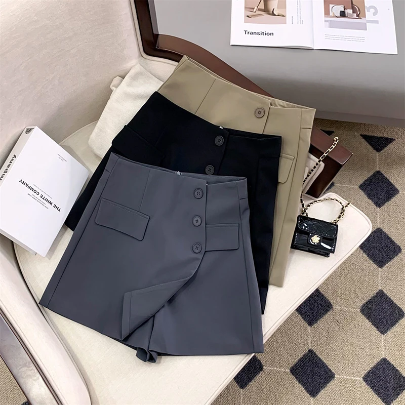 MEXZT, pantalones cortos para mujer, faldas coreanas irregulares, pantalones cortos de pierna ancha, pantalones cortos elegantes de cintura alta para oficina para mujer, traje informal liso, pantalones cortos