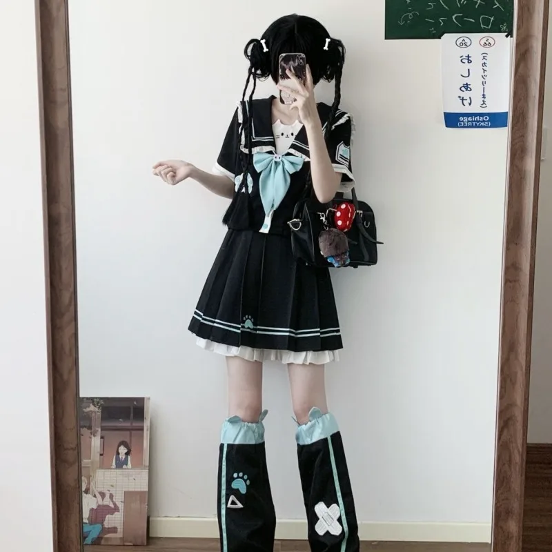 2025 جديد اليابانية الكورية Kawaii Preppy Jk أعلى + تنورة مجموعة البحرية طوق طويلة الأكمام قميص قصير كشكش حافة المرقعة مطوي التنانير