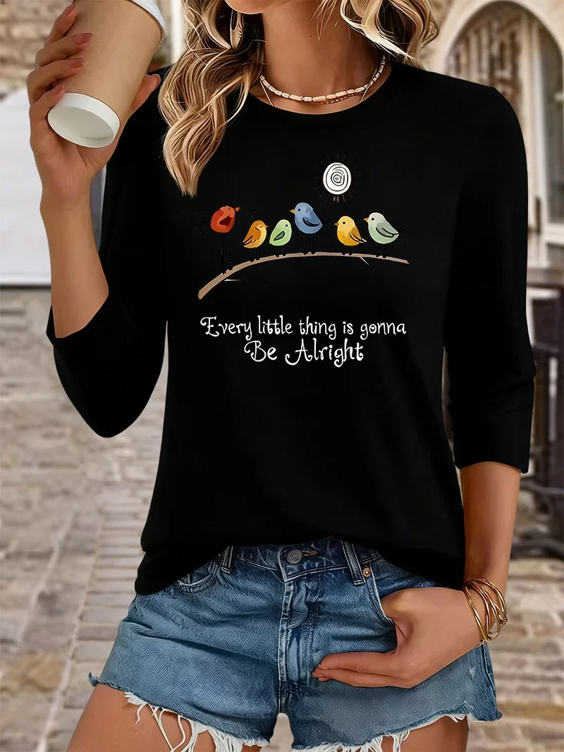 Sommer-T-Shirt mit Rundhalsausschnitt für Damen, inspirierender Aufdruck „Every Little Thing Is Gonna Be Alright“, lässiges T-Shirt für Damen – Detail 2