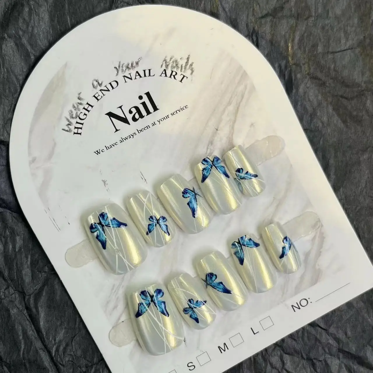 Short Pearl White Cat Eyes False Nails 10pcs Wearable Press on Nails Full Cover Blue Butterfly Design Ballet Artificial Nail Tip