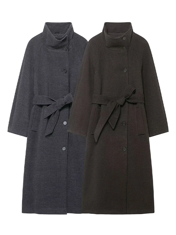 

HH женское зимнее пальто с воротником-стойкой и поясом, женское темпераментное пальто High Street, повседневное однобортное длинное пальто с карманами, украшенное