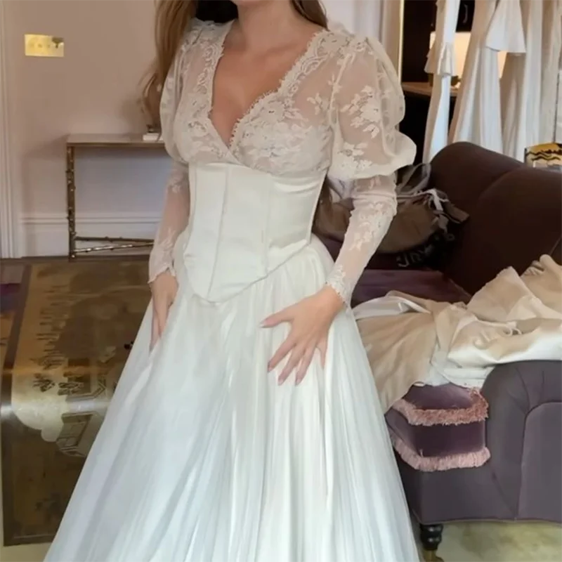 الكلاسيكية الخامس الرقبة الدانتيل كم كامل الباسك ألف خط فساتين زفاف العروس أثواب الزفاف حسب الطلب