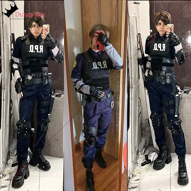 aBc01 Cosplay RE2 Leon Kostüm Spiele Halloween Kostüme Leon Scott Kennedy Kostüm Weste Mantel Oberteil Hose Erwachsene Verkleidung Outfit