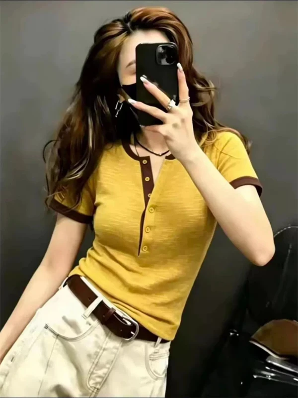 Korean Style Slim Fit Short Sleeve T-Shirt Women plus Size Summer Casual Contrast Color Top Fashionable Youthful plus Size