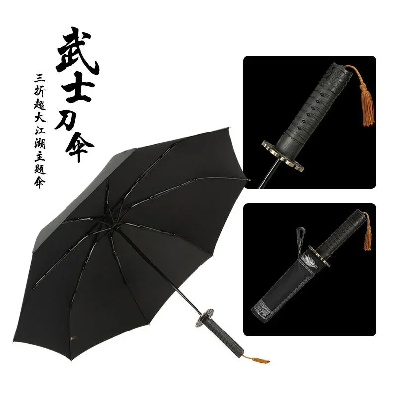 Creative Black Samurai Katana Umbrella, Automatic Folding Windproof Reinforced Thickened, Japanese Samurai Sword Umbrellas Men