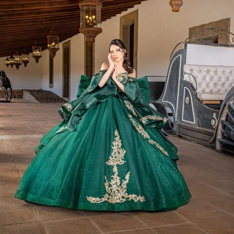 Shiny Dark Green Quinceanera Dresses Glitter Decal  Appliques Lace Layering Long tail Bow Vestido De 15 Quinceaneras