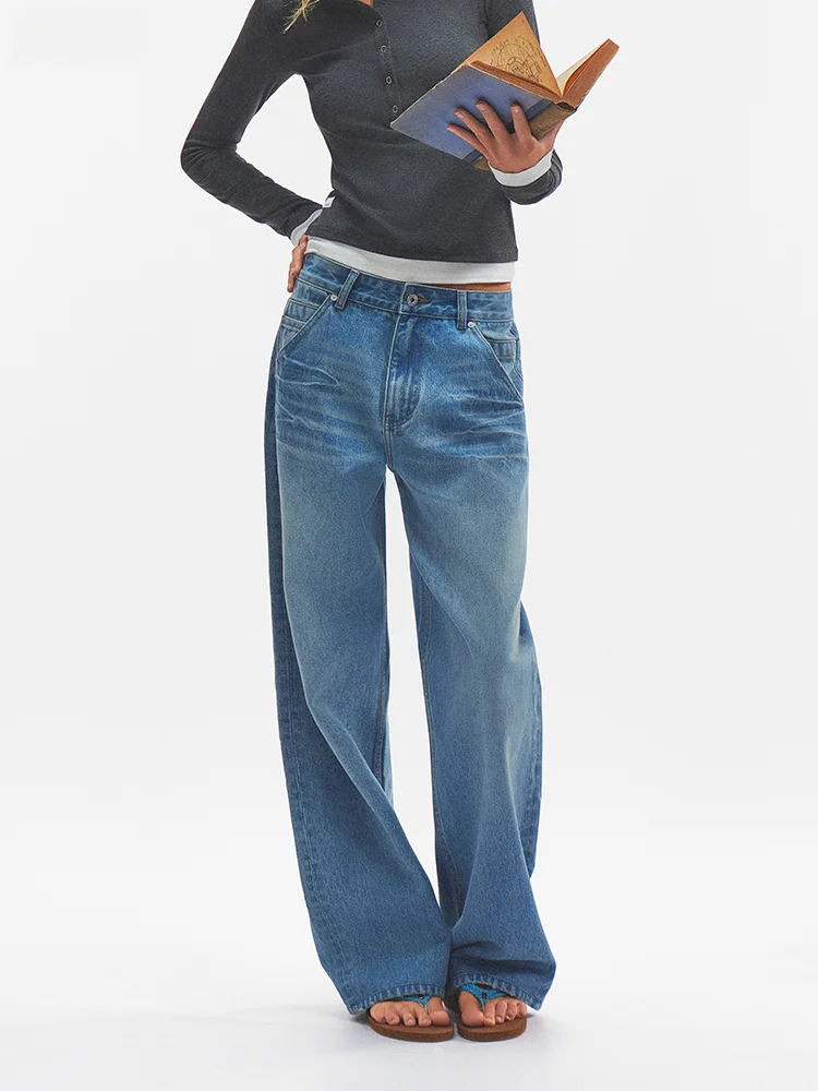 

Джинсы с низкой талией в стиле ретро, американские джинсы с заниженной талией, вицветшие джинсы с широкими штанинами, прямой крой, длинные брюки для женщин, свободный крой