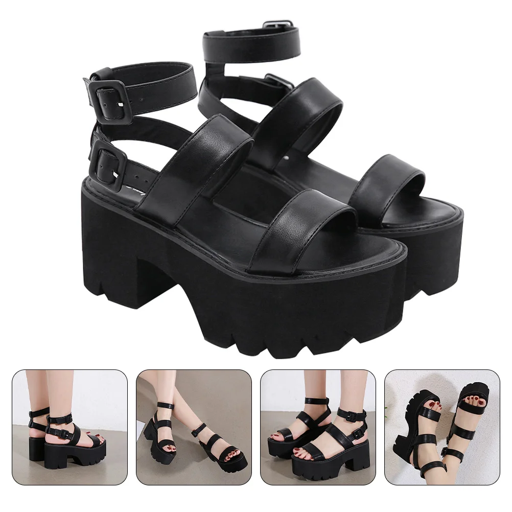 

Chunky Heel Platform Sandals Black Women Female Adult High Heels Single Strap Roman Shoes Special Pumps Sponge Cake