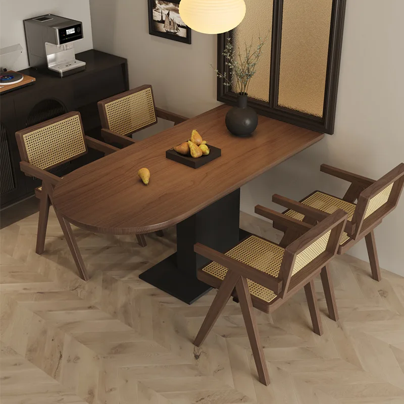

Medieval solid wood semi-oval island dining table Home dining room French table and chair combination against the wall Walnut di