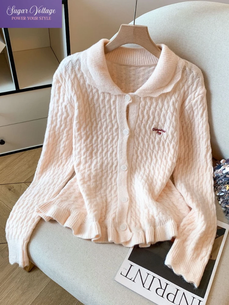 

Autumn Vintage Korean Fashion Knit Soft Sweater Women Loose Fit Long Sleeve Lapel Embroidery Cardigan Casual Elegant Chic Tops