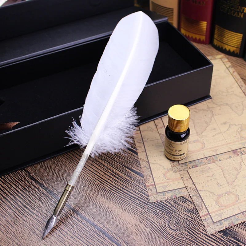 1 Set Retro Quill Dip Pen Turquia White Feather Pen Presente Escrita Ferramentas Office School Supply Presente de Aniversário