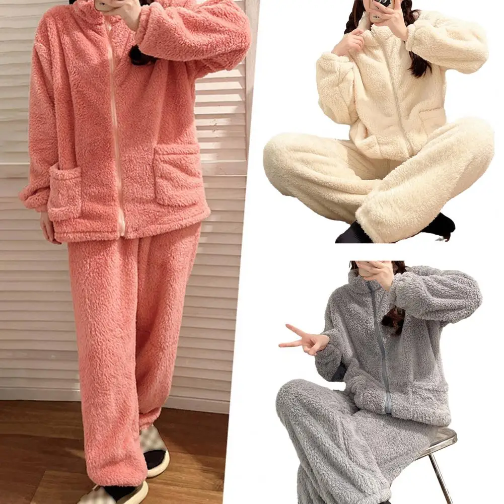 Women Casual Warm Suit Women Fleece Sets Winter Tracksuits Home zip up Pajama Set Loose Top And Warm Pants 2024