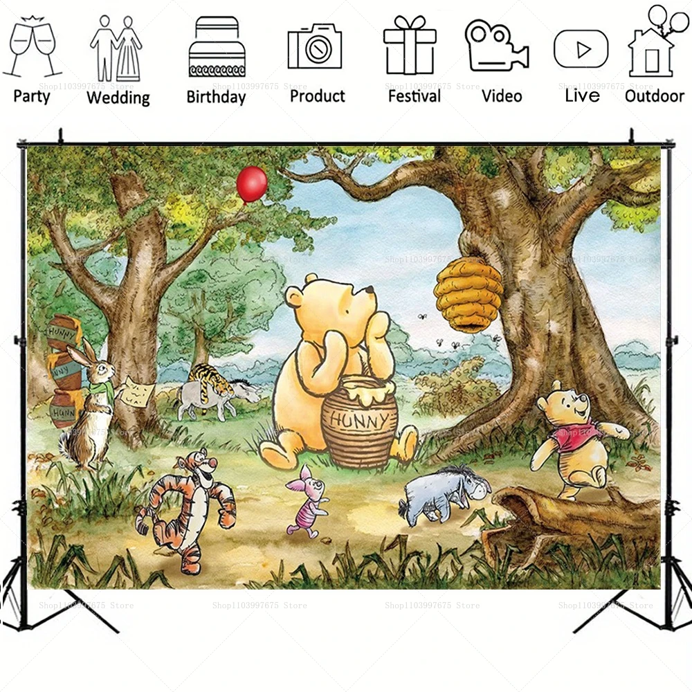 Winnie The Pooh Photography Backdrop Kids 1st Birthday Portrait Background Vinyl Polyester Fabric Banner Party Decor Supplies