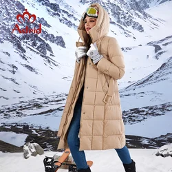 Astrid 2023 New Women's Winter Jacket Hooded Belt Long Parkas Warm Padding Puffer Plaid Quilted Coat Down Jacket Thick Snow Wear