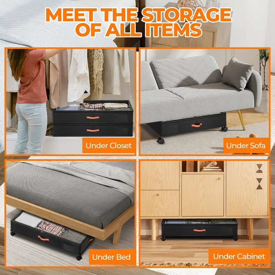 Rangement de lit avec roulettes, paquet de 2 conteneurs de rangement sous le lit avec couvercles transparents, grands bacs organisateurs de rangement sous le lit XXL avec H