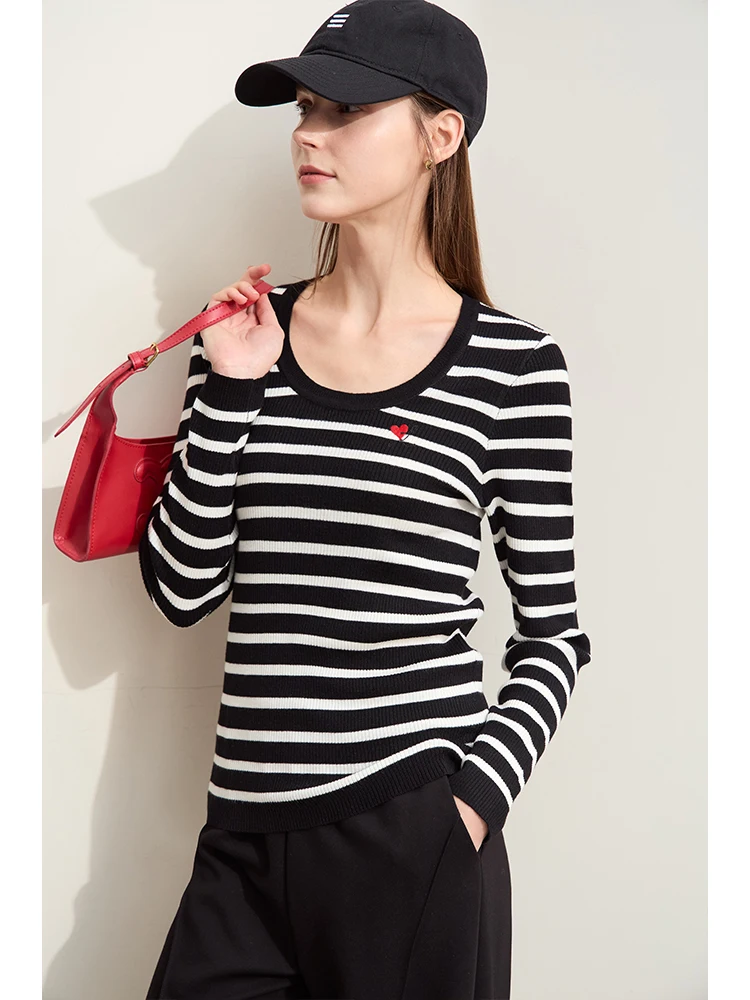 Amii Minimalism 2024 Autumn New Women Sweaters Round Neck Embroidery Basic Striped Soft Sweater for Women Slim Lady Top 12443152