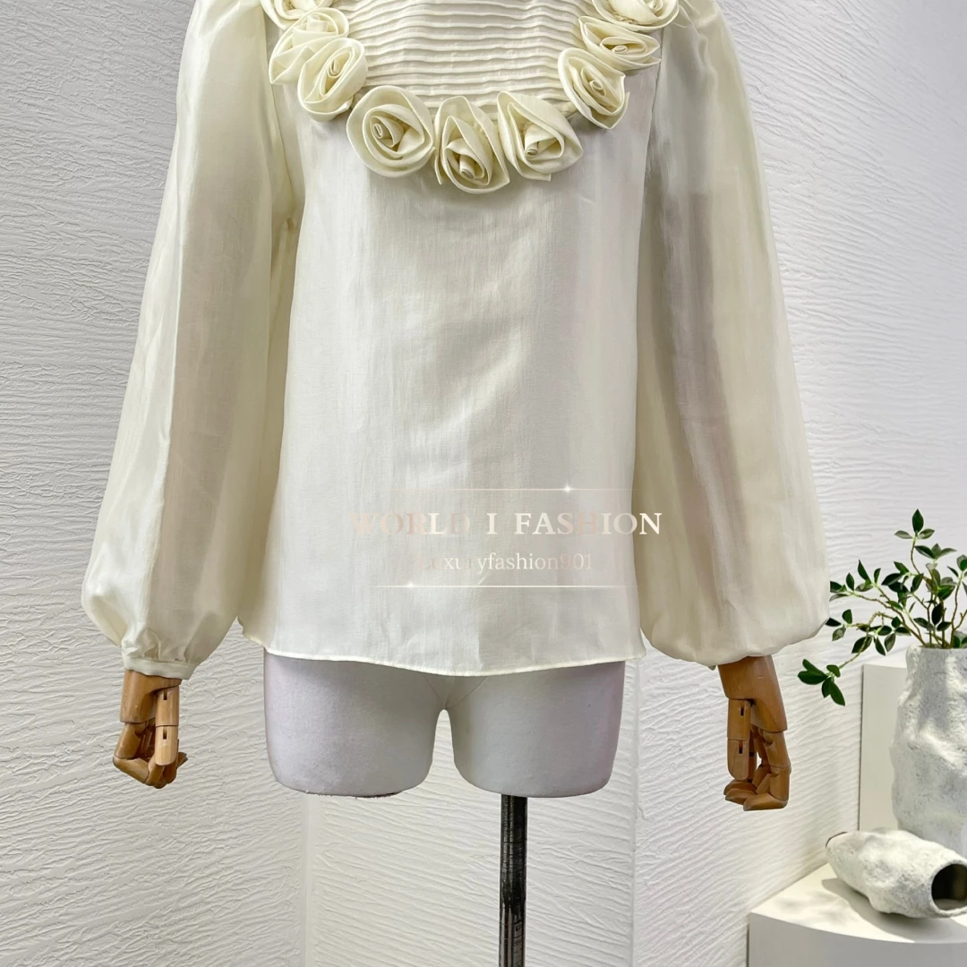 2025 Wysokiej jakości bluzki z długim rękawem w kwiaty z aplikacją w kolorze białej moreli