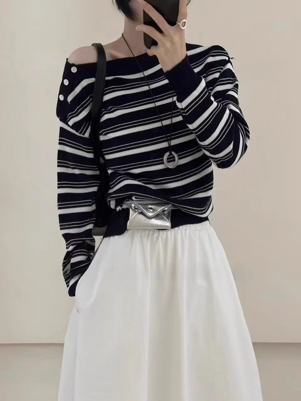 

Korean Sle Striped One oulder Knitted Base irt Women's Slim Fit Faionable Top Long Sve Casual Daily Wear
