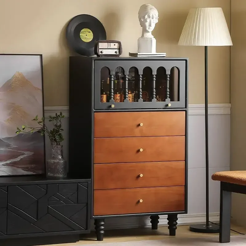 French retro solid wood chest, antique storage cabinet in bedroom, small apartment household side cabinet, color matching bedsid