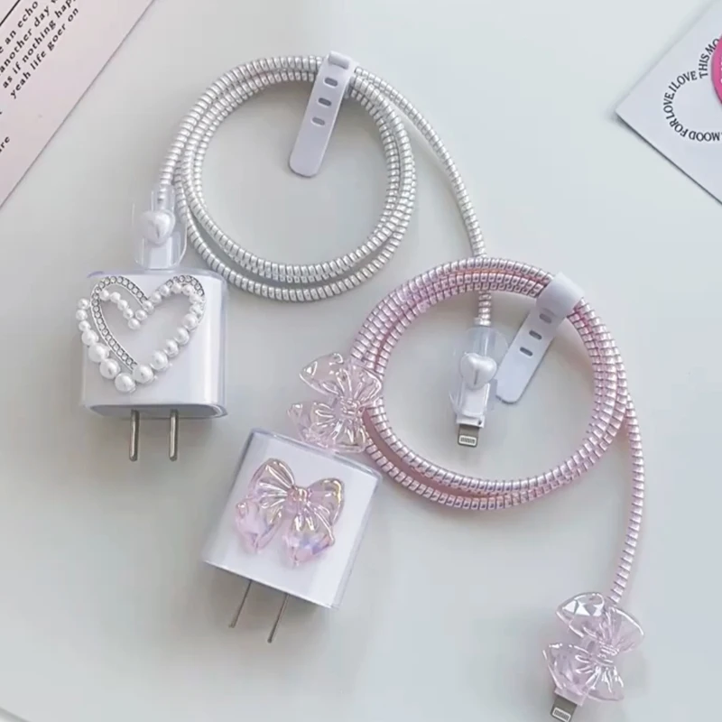 3D Pink Bow Cable Charger Protector Cover For IPhone IPad 18W 20W Original Charger 2024 New Data Line Spiral Winder Protective