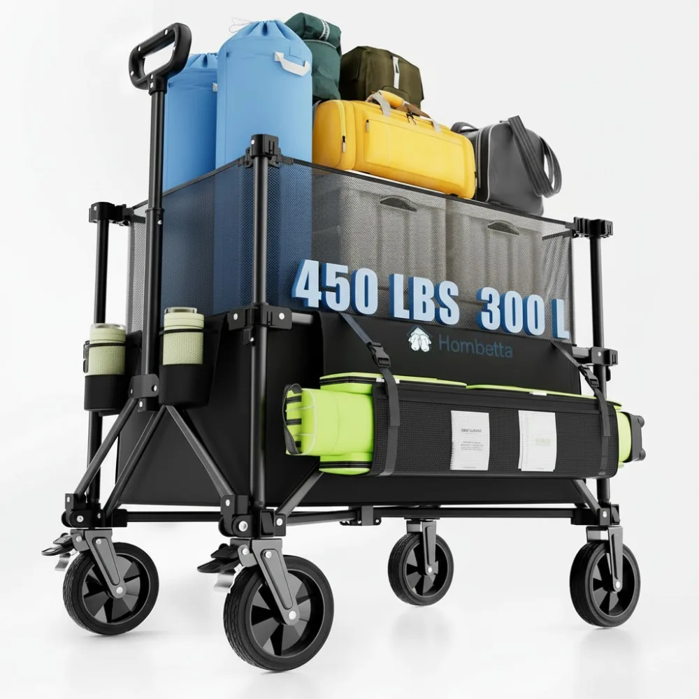 

Foldable Wagon Cart with All-Terrain Wheels, 150L-300L Expandable Capacity, 450LBS Heavy Duty for Beach Camping Outdoor