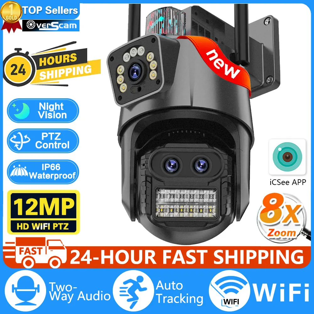 12MP 6K PTZ Wifi Camera 8X Digital Zoom Outdoor Dual Screens Wifi Surveillance Camera Night Vision CCTV IP Security Camera ICSEE