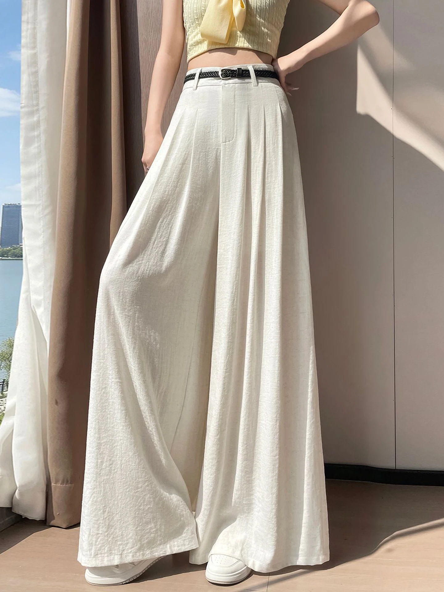 

White Ice Silk Linen Wide Leg Pants Women Summer Thin Linen Pants Loose Casual High Waist Straight Cut Trousers Skirt