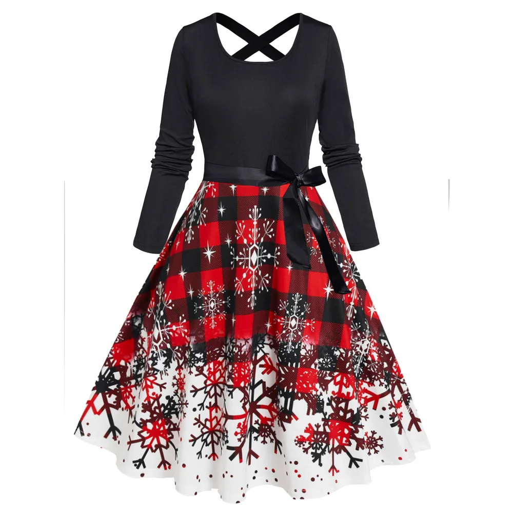 

Christmas Snowflake Plaid Print A Line Dress Back Bowknot Belted Long Sleeve Dress