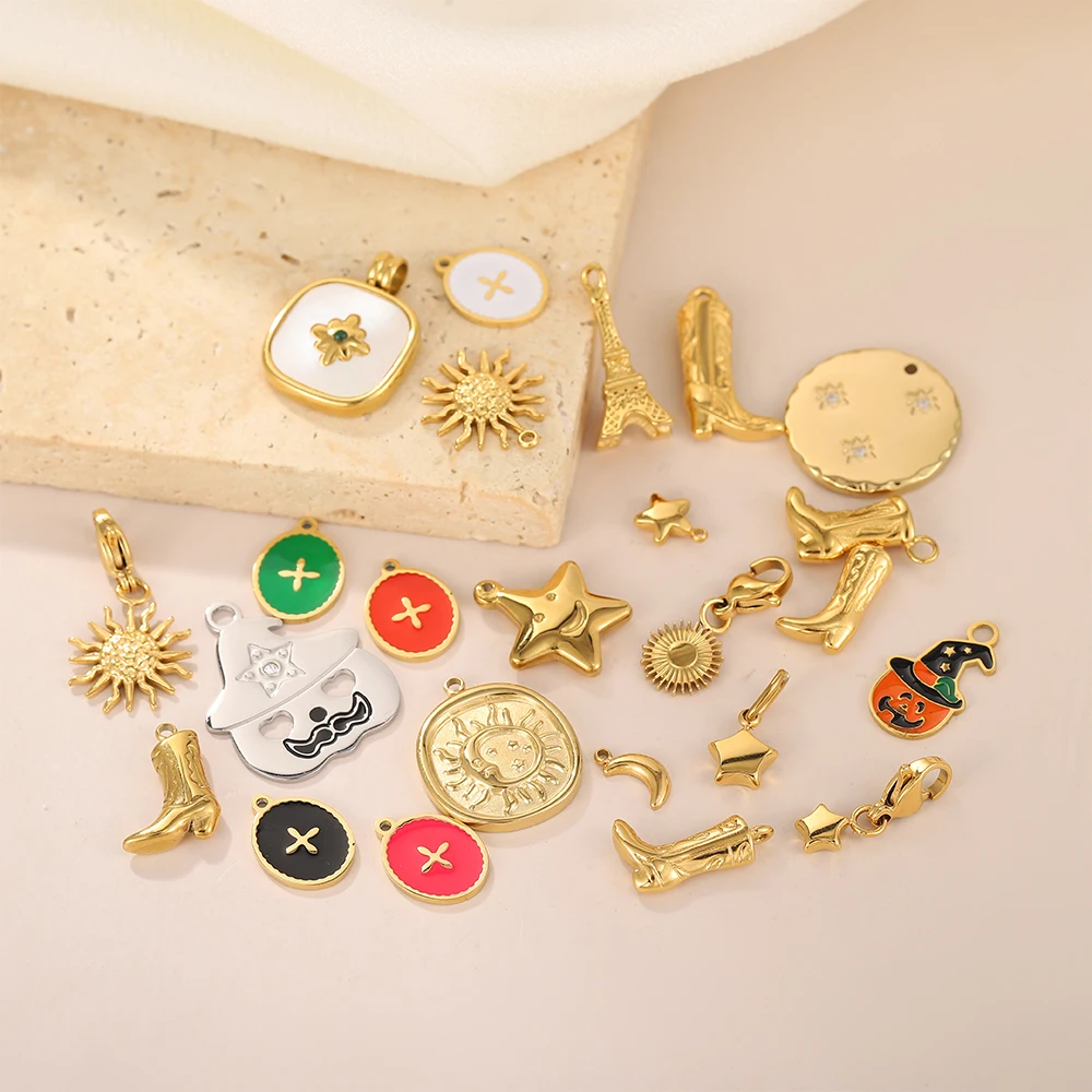 

CARLIDANA Fashion Stainless Steel Sun Charms Boots Star Enamel Halloween Charms Gold Plated Pendants DIY Jewelry with Clasp