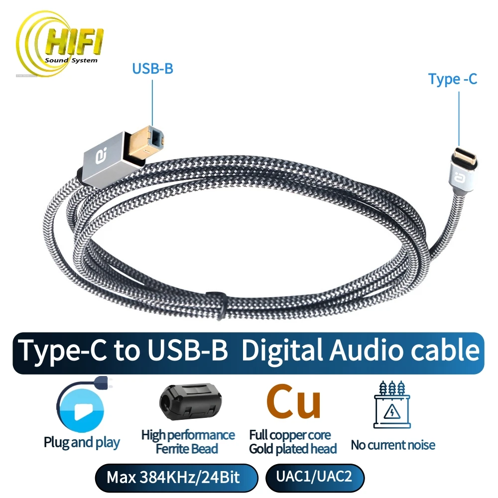 HiFi Grade Type C to USB B Audio Cable Max 384KHz 24Bit UCA1 & UCA2 For Phone/ DAC Decoder/Amplifier/PC/TV Dual Shileding 1.5 M