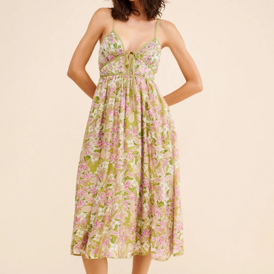 Prairie Chic Robe longue à nouer sur le devant pour femme, col en V, sans manches, bretelles spaghetti, imprimé floral, robe de vacances