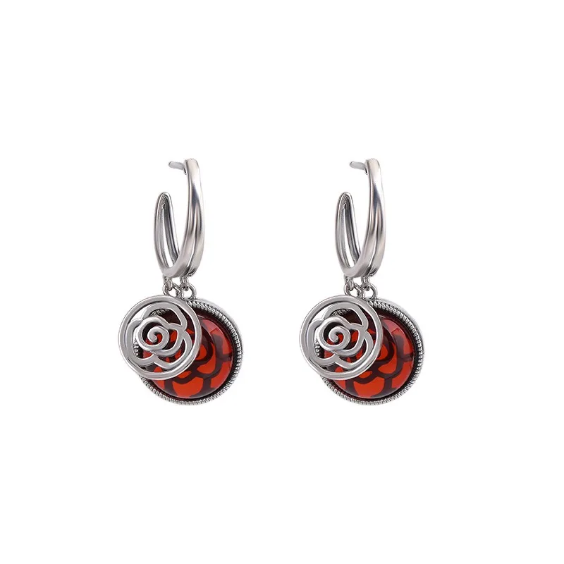 

Jewelry S925 sterling silver blood amber retro, light luxury fashion rose, stud earrings temperament silver earrings
