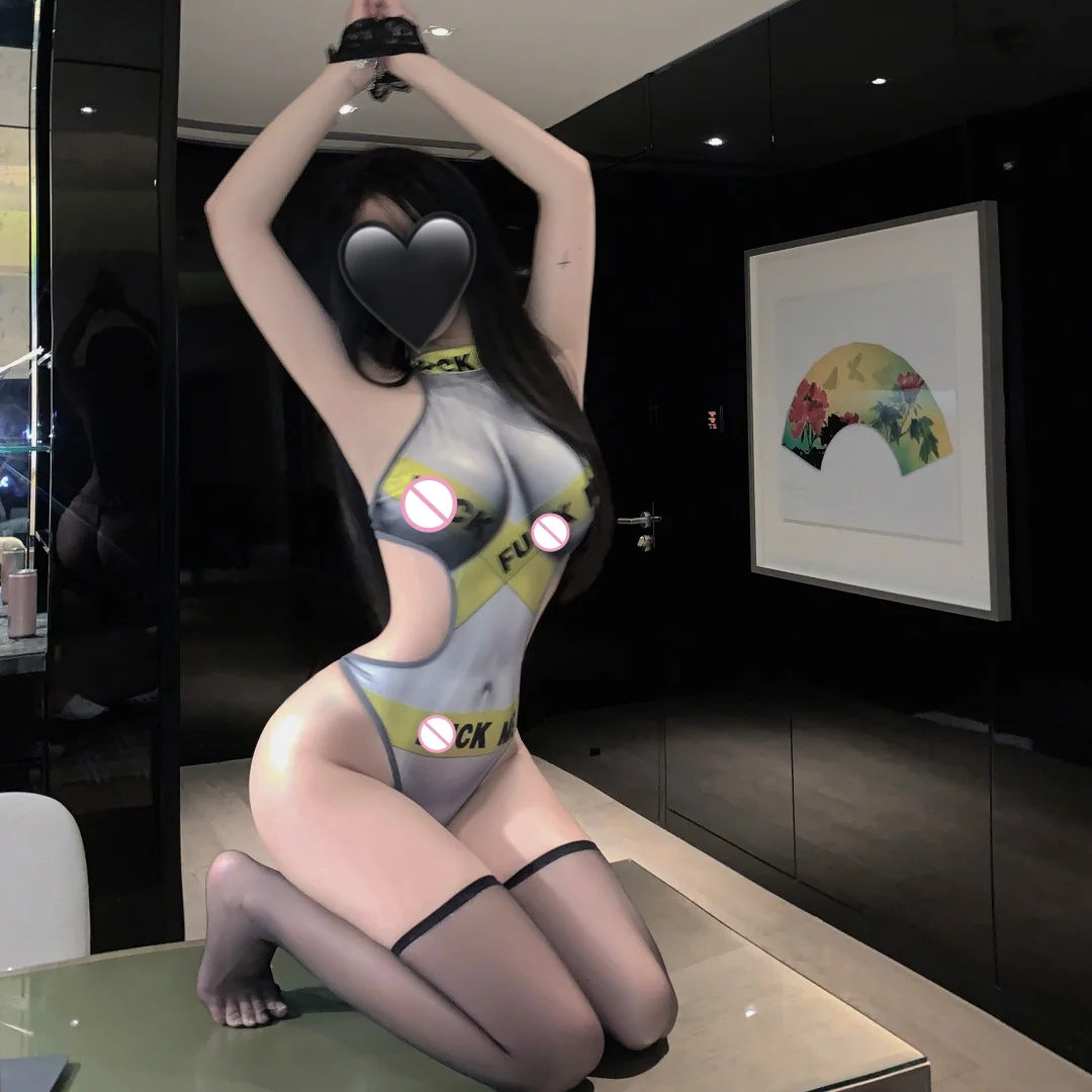 جديد مثير الأصفر الشريط ربط إلكتروني الطباعة ارتداءها النساء موحدة الجوارب بذلة وتتسابق لعبة تأثيري حلي الملابس الداخلية #4