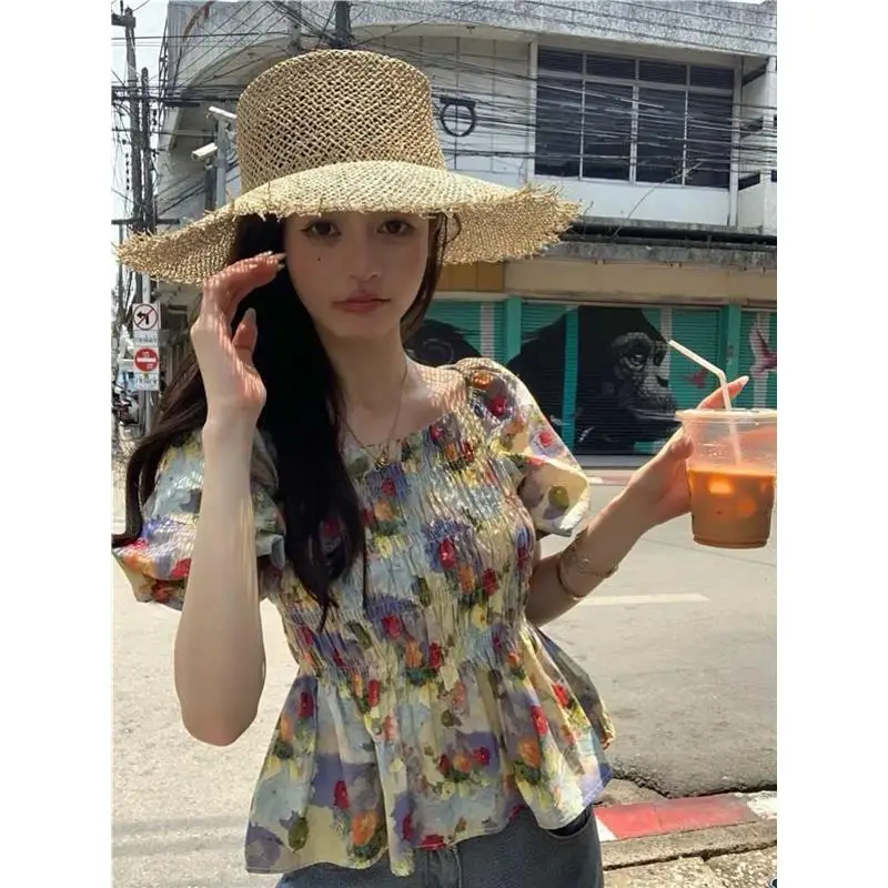 Ele Floral Print Bubble Sve ort Sve irt Women's Faion Design Slimming Waist Square Collar Chinese Sle Top