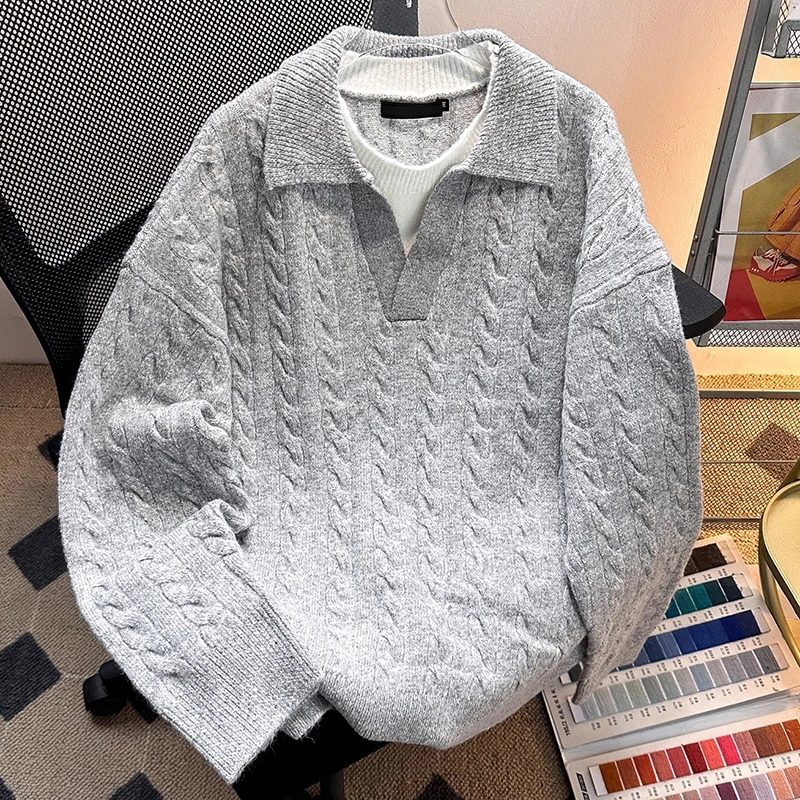 

Autumn Winter Fake Two Pieces Men's Sweater Knitwear Turn-Down Collar Splicing Knit Polo Shirts Pullover Vintage Thick Sweater