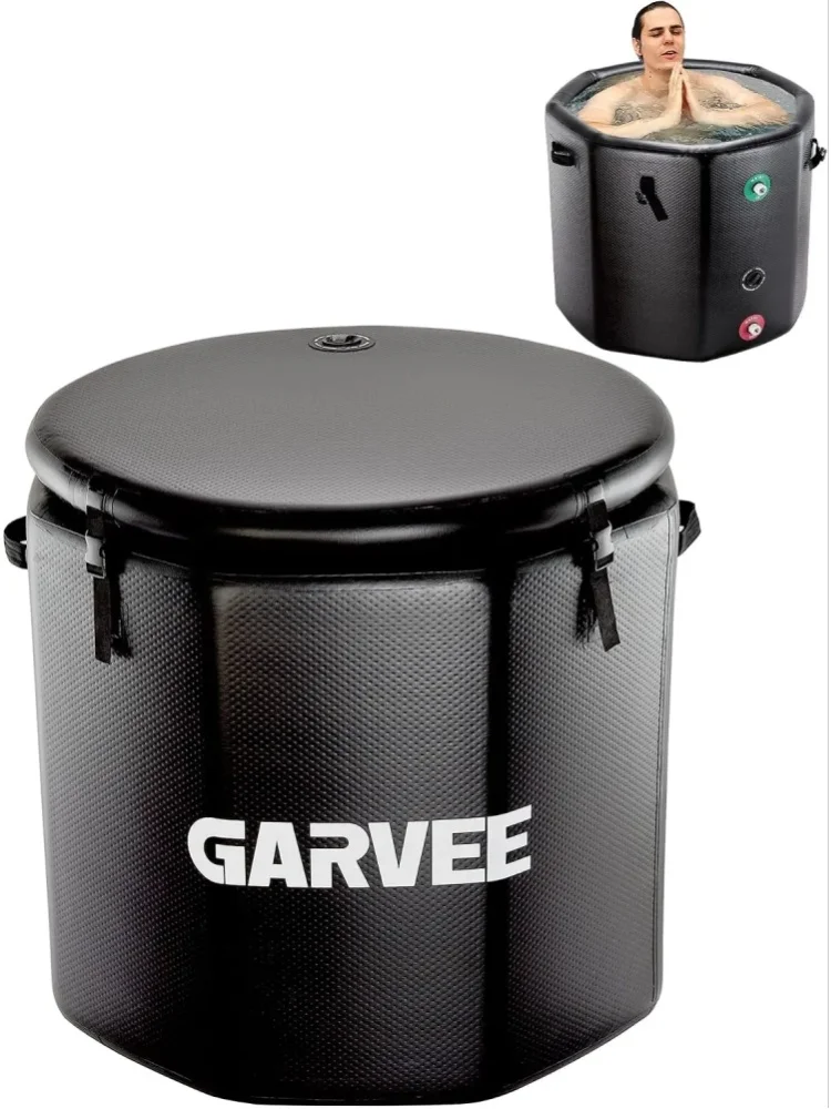 Garvee 100cm x 90cm Höhe Schwarze PVC Zylindrische Aufblasbare Eisbadewanne, 176 Gallonen Tragbare Kaltwasser-Tauchwanne mit Isoliertem Deckel, Wasserkühler-kompatible Kaltwasser-Therapiewanne für