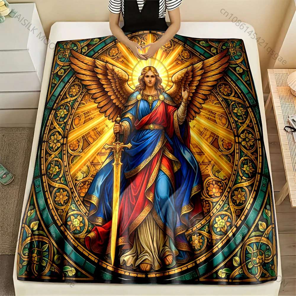 Stained glass angel with sword Print Blanket Warm Soft Fluffy Kids and Adult Sofa Bed Throw Blanket Outdoor Travel Camping RV