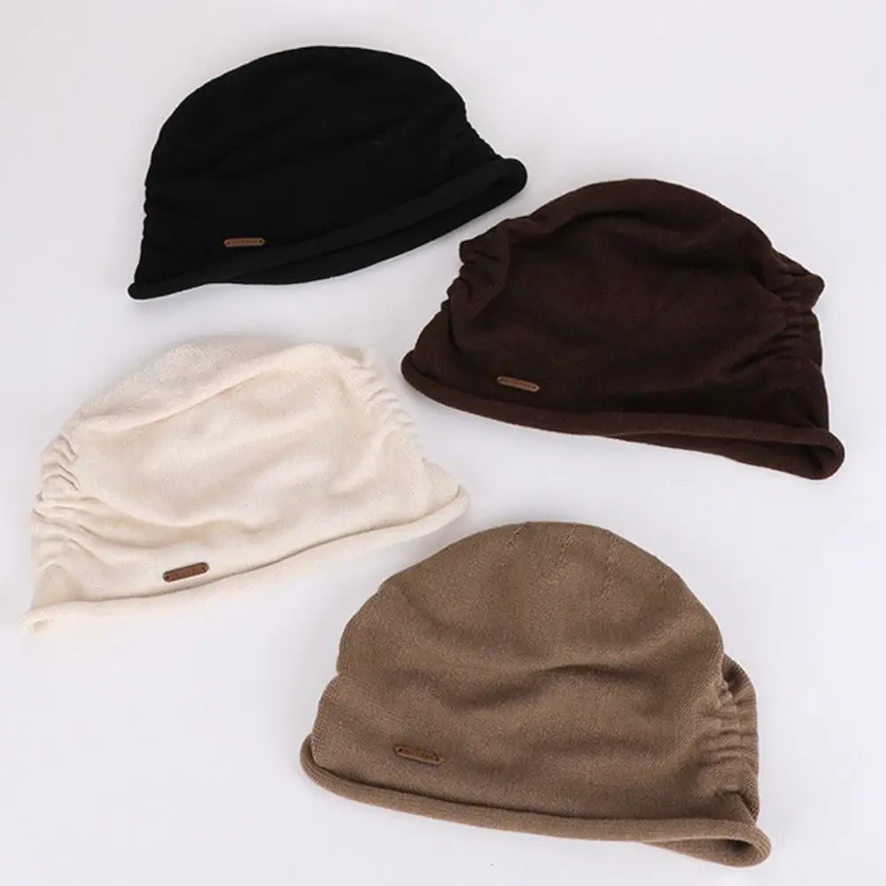 Soft Pleated Knit Winter Pullover Hat Thickened Fleece Lined Short Brim Fisherman Hat Cold-Proof Windproof Knitted Hat For Women
