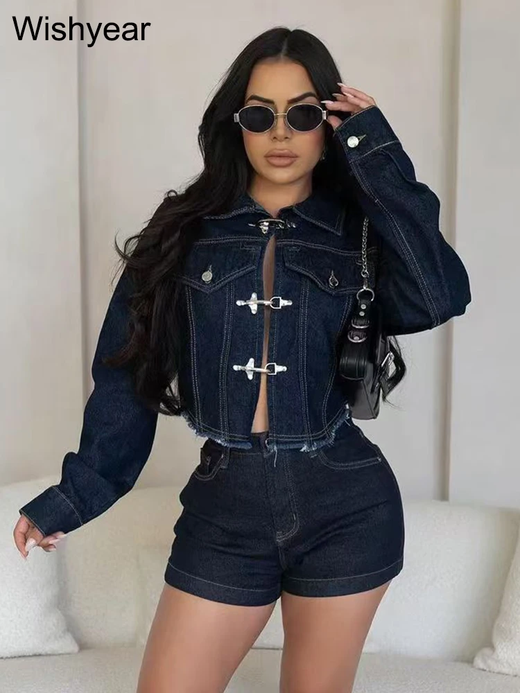 Autumn Winter Stretch Denim Two 2 pieces Pants Women Set Lapel Collar Jacket Tops And Shorts Female Jean Outfits Matching Suits