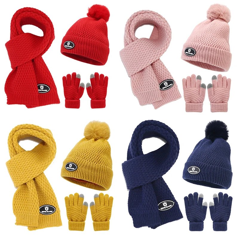 3pcs/set Autumn Winter Knitted Children Beanie Cap Scarf Gloves Set Kids Pom Pom Hat Scarf Mittens Suit Outdoor Warm Accessories