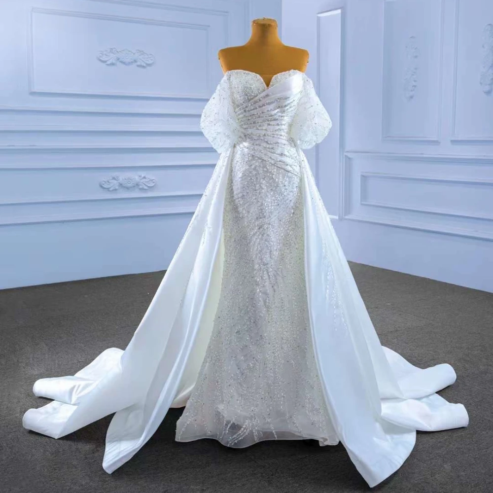 

Gorgeous Shiny Sweet Shoulder Asymmetrical Heart-shaped Collar Wedding Dress with A Large Tail Fish Tail Skirt