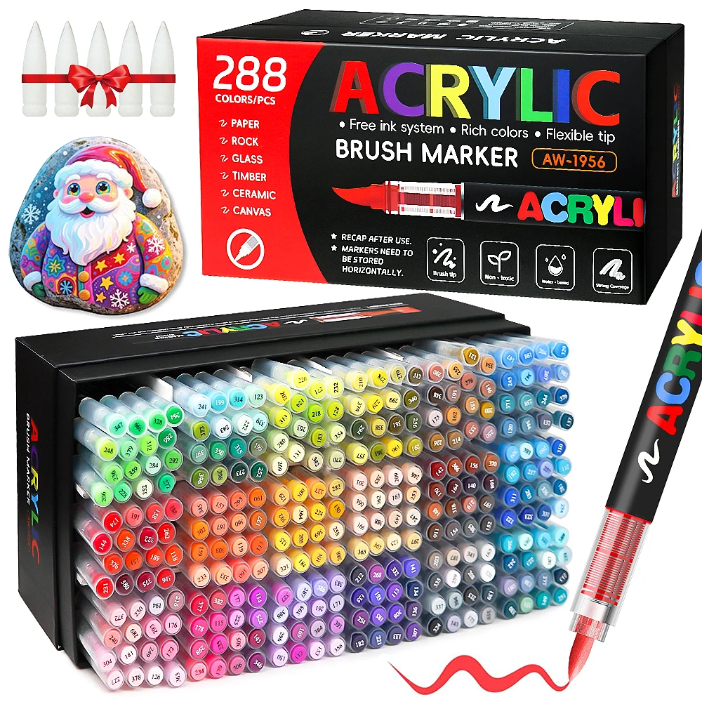 12-288 Colors Acrylic Paint Pen Marker Brush Tip Paint Automatic Ink Control System Marker For Rock Painting Wood Christmas Gift