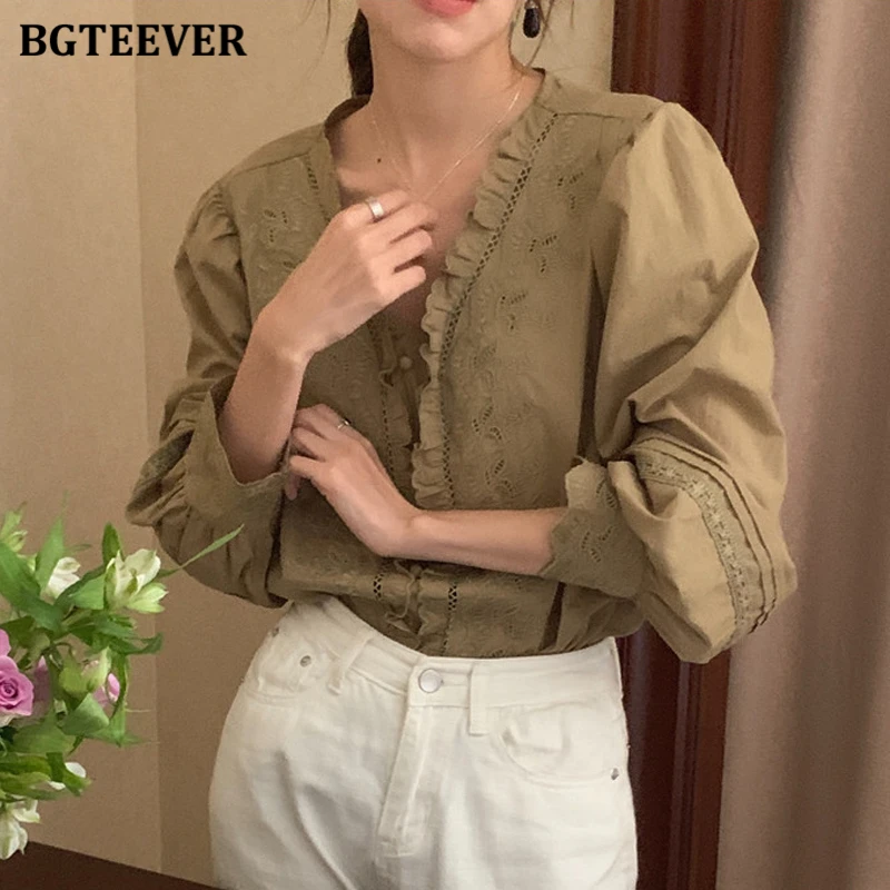 BGTEEVER Vintage Long Sleeve Embroidery Blouses Women Elegant Hollow-out V-neck Female Shirts Tops