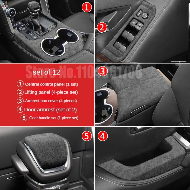 

Изготовлен из алькантары подходит для Toyota Land Cruiser LC300, рамка дверной ручки, крышка ручки переключения передач, панель переключения передач, крышка коробки подлокотника