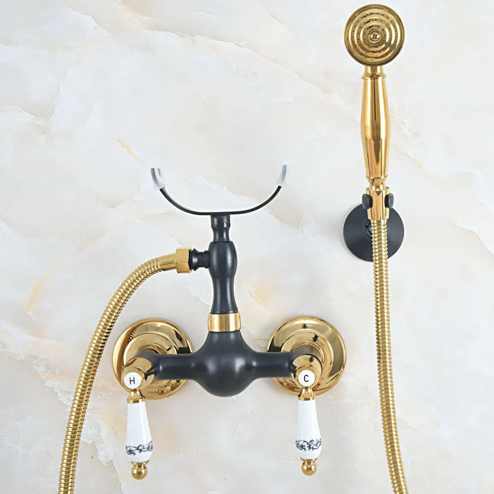 

Polished Gold & Oil Rubbed Brass Wall Mounted Bathroom Shower Faucet Set with 1.5M Hose Handheld Spray Head Mixer Tap Dna562