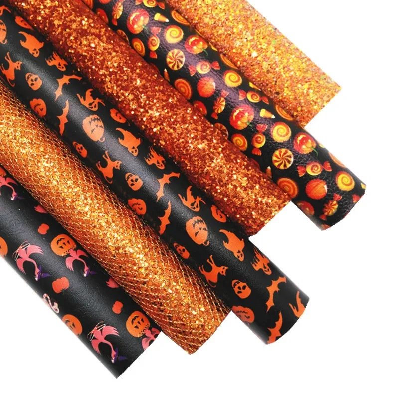 Halloween Leather sheets Orange Glitter Leather Sheets Pumpkins Bats Ghosts Printed Faux Leather For DIY Craft 8.2