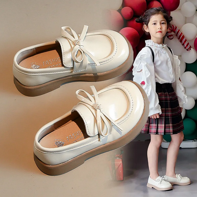

Kids Loafers Slip-on Fashion Sweet Non-slip School Children Shoe Autumn Girl's Leather Shoes Chunky Bowknot Black Beige