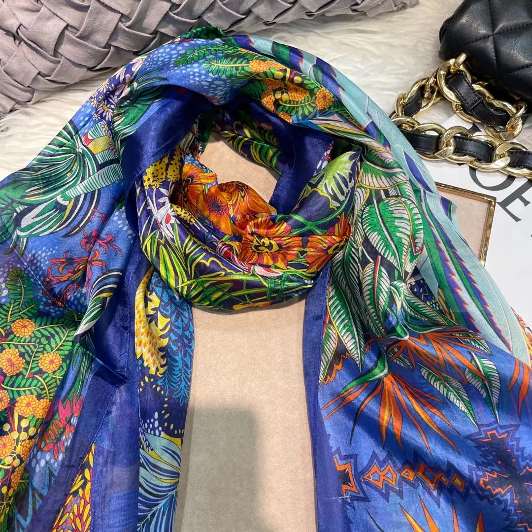 Blue Green 100% Silk Long Scarf Female Summer Jungle Design Beach Shawls Elegant Fall Winter Natural Silk Scarfs Yellow,Sky Blue