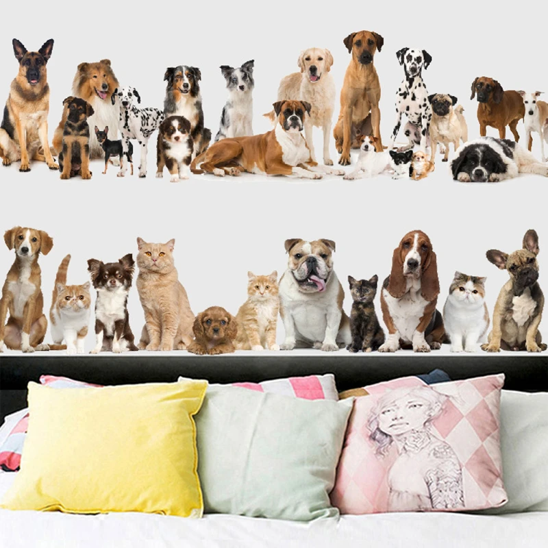 Cute Pet Baby Dog Cat Vinyl Wall Baseboard Stickers for Home Decoration Aesthetic Room Bedhead Lifelike Funny Doggy Kitty Poster